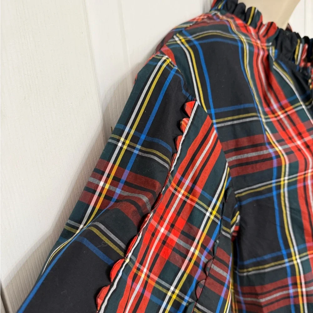 J.Crew Stewart Tartan Plaid Tie Neck Ruffle Blouse Top XS